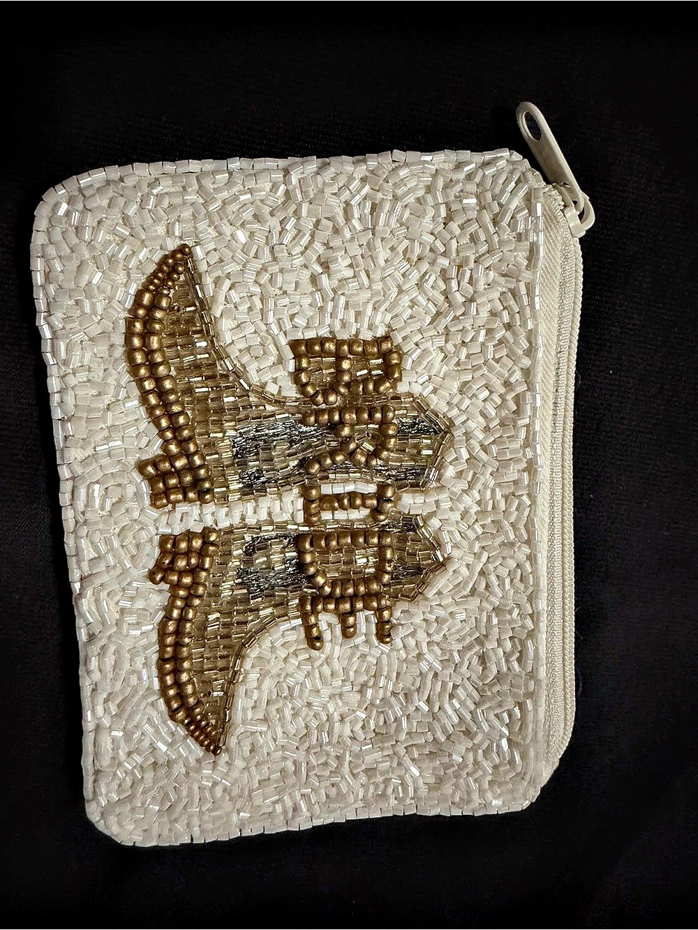 Beaded Embroidered Coin Pouch White & Gold